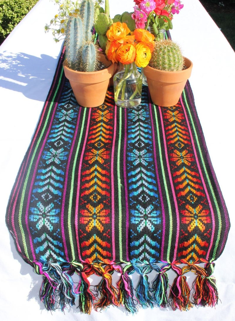 Del Mex Woven Rebozo Style Mexican Table Runner Scarf (Black) - Image 3